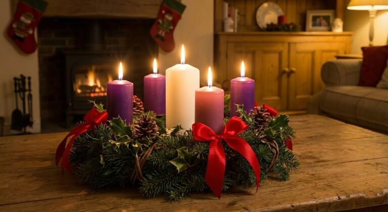 Corona de Adviento colocada sobre una mesa de madera en una sala acogedora. La corona está adornada con ramas de pino, lazos rojos, piñas y cuatro velas moradas junto a una vela central blanca, todas encendidas. Al fondo se ve una chimenea encendida, calcetines navideños colgados y muebles de madera que dan un ambiente cálido y festivo.